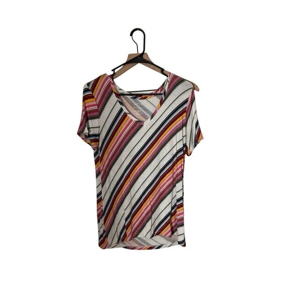 Apt 9 Women Medium Diagonal Stripe V Neck Top Multicolor Short Sleeve Stretch - Picture 1 of 3